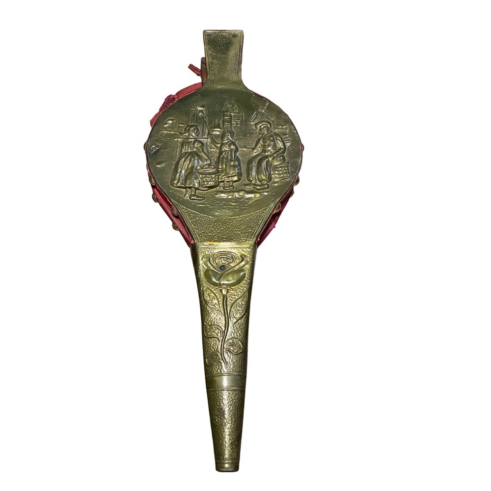 Vintage Hammered Brass & Leather Fireplace Bellows Embossed Flower Cottagecore